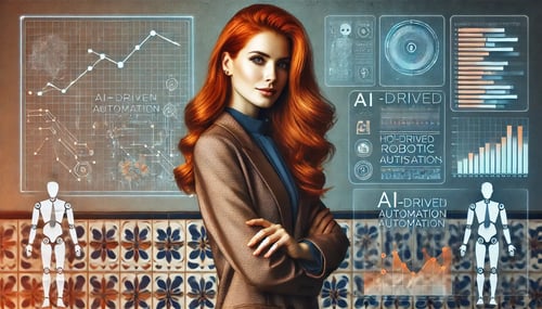 DALL·E 2025-03-01 14.37.01 - A professional red-haired woman with long wavy hair in a modern office, wearing a sophisticated business outfit. She has a confident and authoritative