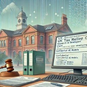 DALL·E 2025-08-26 17.38.56 - A grounded, realistic illustration representing UK government transparency and the role of AI in research and development (R&D) tax relief. A low-angl